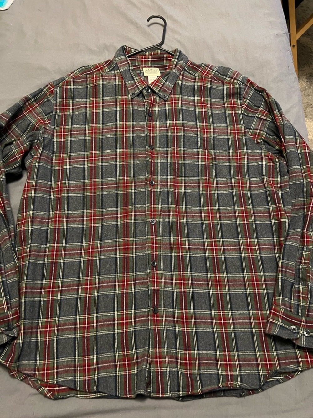 L.L. Bean Men's Gray Plaid Button-Down Shirt with Red Accents